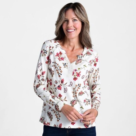 Christopher & Banks Floral Lace Split Neck Tee 1X Antique White NWT - Picture 1 of 6